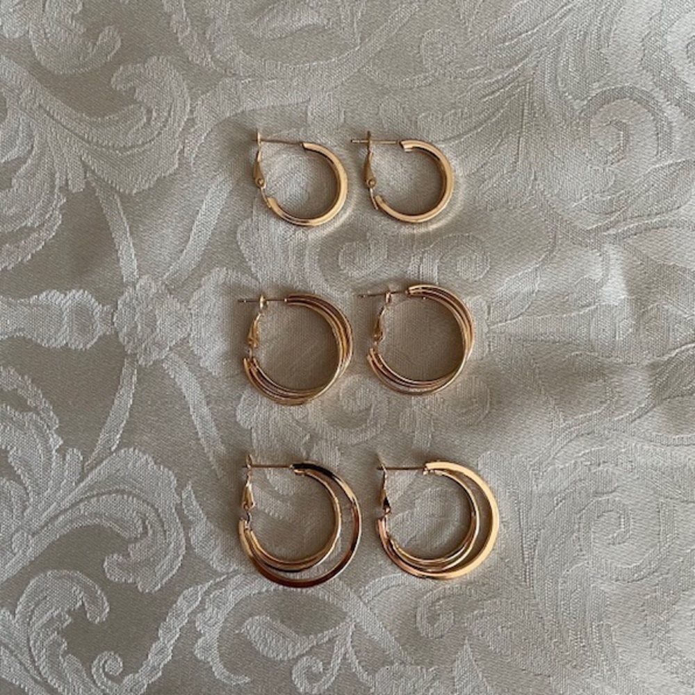 Three Pairs Medium Size Gold-Tone Hoop Earrings